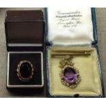 A 9CT GOLD, PEARL AND AMETHYST BROOCH Along with a 9ct gold dress ring.