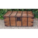 A LARGE ASIAN IRON BOUND TEAK DOWRY CHEST With heavy engraved lock. 127cm x 87cm x 52cm Condition: