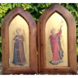 A PAIR OF 19TH CENTURY ITALIAN ARCHED WOOD, GESSO AND GILT RELIGIOUS PLAQUES  Hand painted with