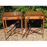 A PAIR OF REGENCY DESIGN SIDE TABLES  The parquetry and walnut crossbanded tops, above a single