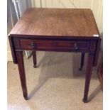 A GEORGIAN MAHOGANY AND LINE INLAID DROP LEAF SIDE/LAMP TABLE Having a single drawer, raised on