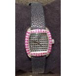 LINKS OF LONDON, A SILVER, BLACK AND PINK MULTI DIAMOND BROAD BAND WRISTWATCH The bezel and crown