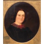 A VICTORIAN OIL ON CANVAS Portrait of a lady wearing a red scarf, with her hair tied in a bow,