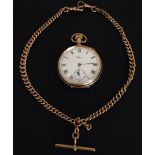 AN EARLY 20TH CENTURY WALTHAM, U.S.A., 9CT GOLD OPEN FACED POCKET WATCH AND CHAIN Having crown-