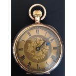 A SMALL EARLY 20TH CENTURY 9CT GOLD OPEN FACED ENGLISH FOB WATCH The engraved gold face with Roman