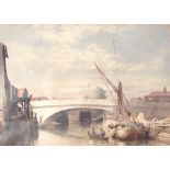 AN EARLY 20TH CENTURY WATERCOLOUR River scene, with sailing ship tied on a wharf and a horse drawn
