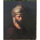 FOLLOWER OF REMBRANDT, A 19TH CENTURY OIL ON CANVAS Portrait of a man wearing a turban.  (61cm x