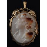 AN ART NOUVEAU PERIOD SHELL CARVED CAMEO  Portrait of a lady, held in a 14ct gold frame of organic