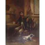 A 19TH CENTURY OIL ON CANVAS INTERIOR SCENE Poacher with pheasants and dog at his side, gilt framed.