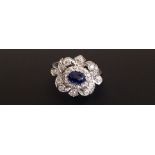 A PLATINUM, DIAMOND AND SAPPHIRE FLORAL DRESS RING Marked '950' (size T). (5430/BG978884/1)