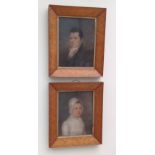 A PAIR OF EARLY 19TH CENTURY PASTEL PORTRAITS Husband and wife, both glazed and birdseye maple