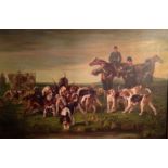 A 19TH CENTURY OIL ON CANVAS FRENCH/BELGIAN PACK OF HUNTING HOUNDS With prey and huntsman,