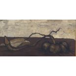 ANTHONY GREEN, R.A., A MID 20TH CENTURY OIL ON BOARD An expressionist style still life, a root