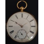 A VICTORIAN OPEN FACED HALLMARKED 18CT GOLD POCKET WATCH The key-wind movement with enamel face,