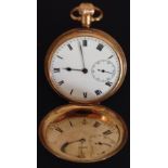 AN EARLY 20TH CENTURY FULL HUNTER HALLMARKED 9CT GOLD POCKET WATCH With white enamel dial, Roman