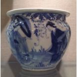 A 19TH CENTURY CHINESE BLUE AND WHITE JARDINIÈRE  Decorated with maidens in a garden setting. (