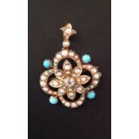 AN ANTIQUE DIAMOND, SEED PEARL AND TURQUOISE BROOCH  With pendant fitting, the central diamond