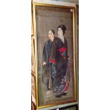 A 19TH CENTURY JAPANESE OIL ON SILK PORTRAIT OF TWO LADIES Framed and glazed.