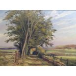 BRIAN BENNETT, BRITISH, A 20TH CENTURY LANDSCAPE  With a tree lined country path, gilt framed.  (