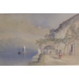 CRESWICK BOYDELL, LATE 19TH CENTURY WATERCOLOUR CONTINENTAL COASTAL LANDSCAPE With a figure carrying