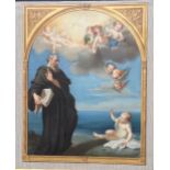 A 19TH CENTURY ITALIAN SCHOOL WATERCOLOUR St. Benedict teaching a child on a beach, with winged