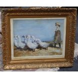 OIL PAINTING  Portrait of a country girl herding geese, contained in a swept gilt frame. (47cm x