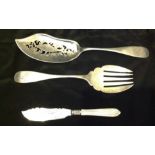 A PAIR OF CONTINENTAL HALLMARKED SILVER FISH SERVERS With plain handles, the fork having five prongs