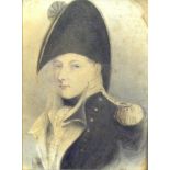 AN 18TH CENTURY WATERCOLOUR  Portrait of a naval gentleman in bicorn hat, with gilt epaulettes,