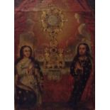 AN 18TH/19TH CENTURY SPANISH OIL ON CANVAS Religious portrait, two saints playing near an altar,