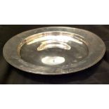 A 20TH CENTURY HALLMARKED PLAIN SILVER PRESENTATION BOWL Having a central shallow well with a convex