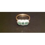 A HALLMARKED 9CT GOLD, EMERALD AND DIAMOND DRESS RING The three claw set round cut emeralds,