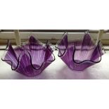 A PAIR OF AMETHYST FLASHED AND STRIPED HANDKERCHIEF VASES (possibly Chance of Birmingham). (d 14cm)
