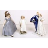 THREE ROYAL COPENHAGEN FIGURINES  To include a courting couple, a young girl curtseying and a