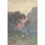 THOMAS WILLIAM MORLEY, R.A. (BRITISH), EARLY 20TH CENTURY WATERCOLOUR Figure walking with sheep in a