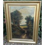 A LARGE GILT FRAMED OIL ON CANVAS A shepherd and his dog herding sheep, along a country track. (w