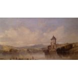 ALFRED VICKERS, 1786 - 1868, OIL ON CANVAS Landscape, river scene, with a castle by lake's edge,