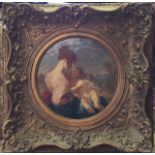 A 19TH CENTURY CIRCULAR OIL ON CANVAS Lady seated with cherub, contained in a decorative gilt frame.