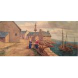 AN EARLY 20TH CENTURY OIL ON CANVAS Fisherwomen on a quayside, framed. (100cm x 50cm)