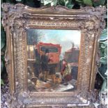 A 19TH CENTURY OIL ON PANEL  Of a street vendors puppet show, contained in an ornate gilt frame. (