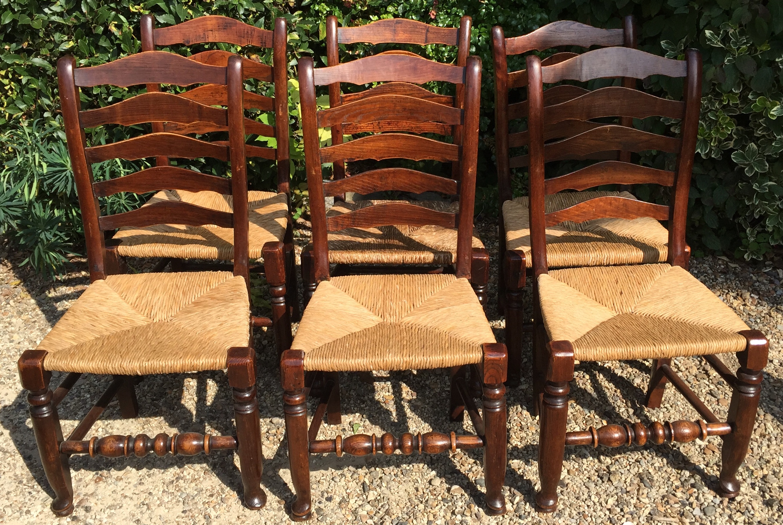 A SET OF SIX 19TH CENTURY OAK LADDER BACK CHAIRS With rush seats.
