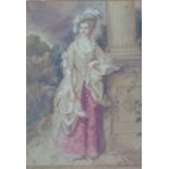 A 19TH CENTURY WATERCOLOUR Portrait of an 18th Century lady, resting against a classical stone