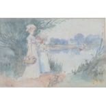 GEORGE HENRY EDWARDS, 1893 - 1900, WATERCOLOUR  Figures of Edwardian ladies standing by a riverside,