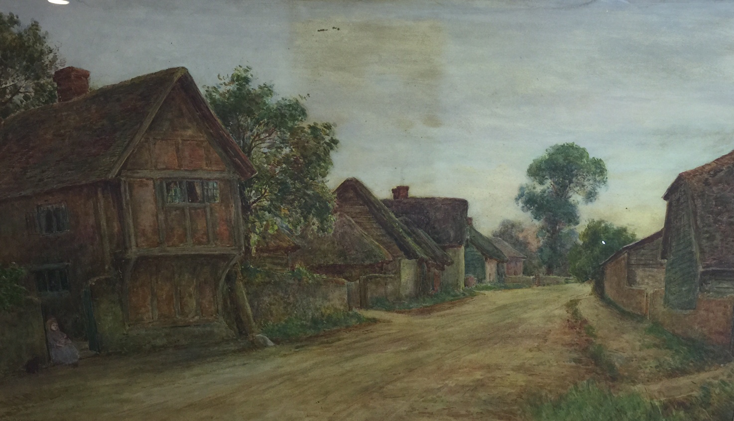 G. KNIGHT, 1884, WATERCOLOUR 'The Village', contained in a leaf and vine gilt frame. (104cm x 73cm)