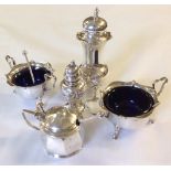 A COLLECTION OF HALLMARKED SILVER CONDIMENTS Comprising two salts, with blue glass liners and