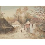 A. FISHER, A LATE 19TH CENTURY WATERCOLOUR Figure on a country village path, framed and glazed. (