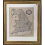 FOR M. TINDALS, A 19TH CENTURY HAND COLOURED MAP Of England and Wales, gilt framed and glazed. (64cm