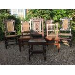 A HARLEQUIN SET OF FIVE OAK CAROLEAN CHAIRS With carved backs and cane seats, along with three solid