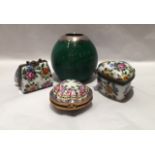 LIMOGES, THREE PORCELAIN PILL BOXES Along with an Asprey silver mounted match striker