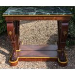 A REGENCY PERIOD MAHOGANY, ROSEWOOD AND PARCEL GILT CONSOLE TABLE The green marble top, above a