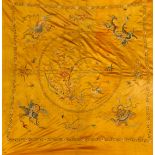 A 19th CENTURY CHINESE GOLDEN GROUND SILK EMBROIDERED TABLECLOTH 142 x 142cm  十九世紀   絲綢刺繡桌台布